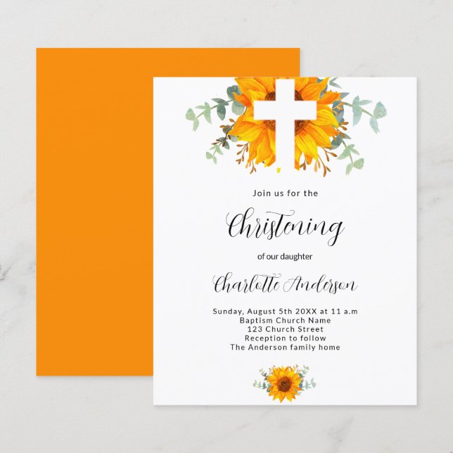 Christening sunflower eucalyptus invitation (Front/Back)