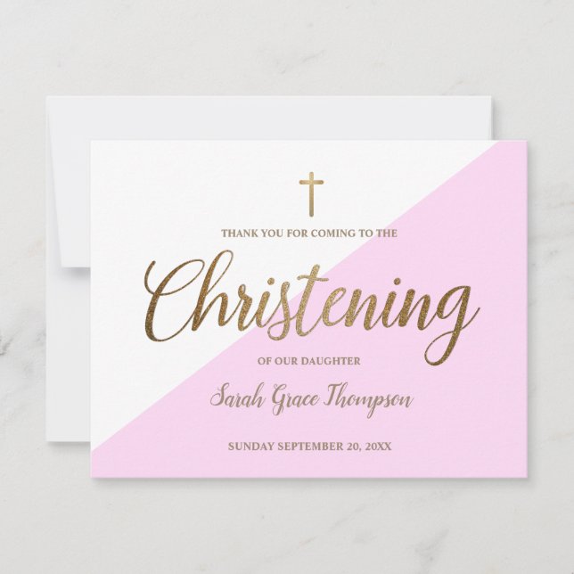 Christening Thank You Baby Girl Simple Pink Gold Card (Front)