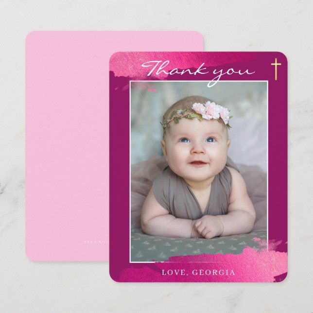 CHRISTENING THANK YOU gold foil cross dark pink Invitation (Front/Back)