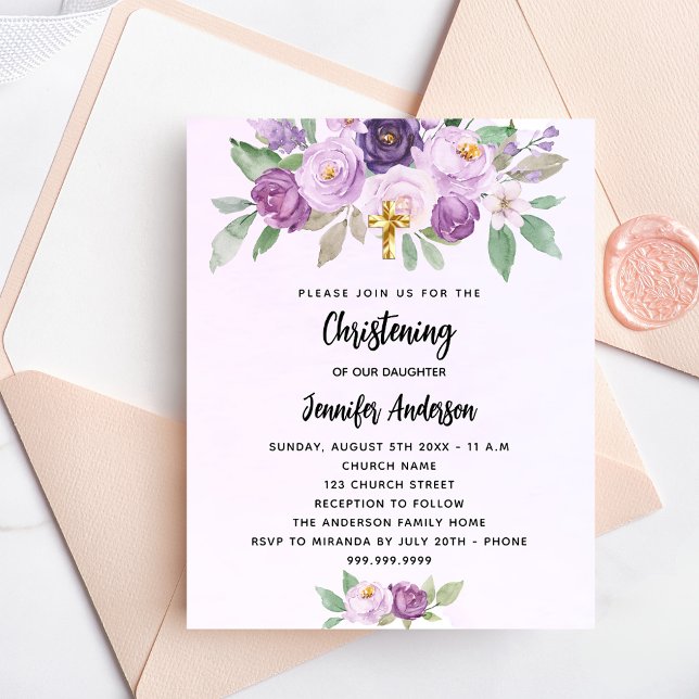 Christening violet flowers budget invitation (Creator Uploaded)