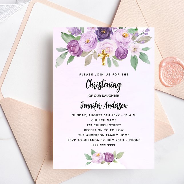 Christening violet flowers greenery cross invitation postcard (Creator Uploaded)