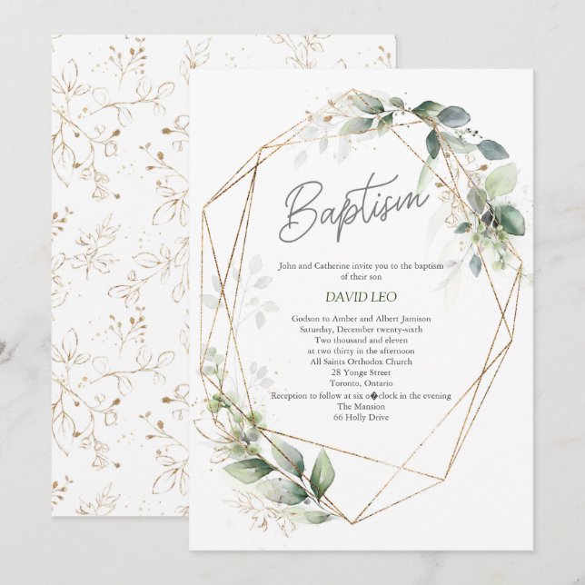 Christening, Watercolor, Greenery, Baptism Invitation (Front/Back)