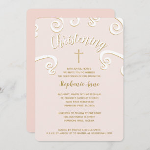 ChristeningScrolls in Pink and Gold Invitation
