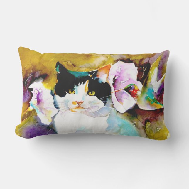 "Christeve the Cat with Hummingbird" Print Outdoor Cushion (Front)