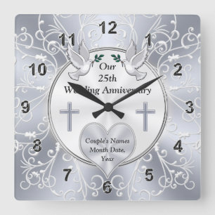 Christian, 25 year Wedding Anniversary Gift,  Square Wall Clock