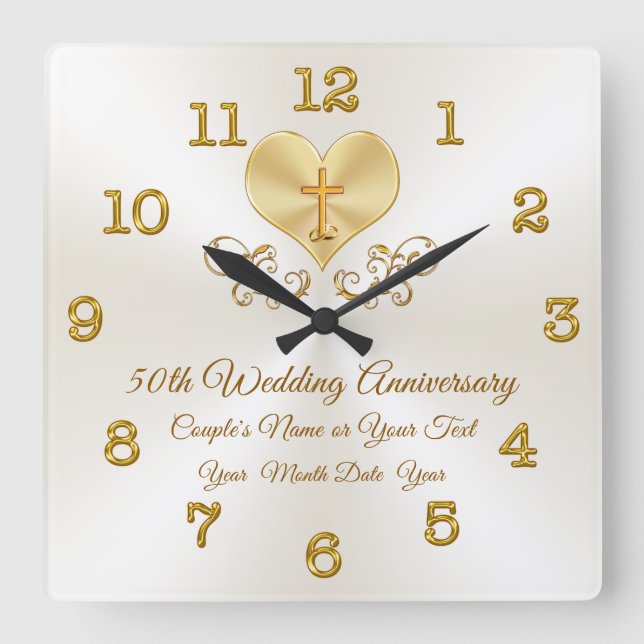 Christian 50th Anniversary Gifts, Personalized Square Wall Clock (Front)