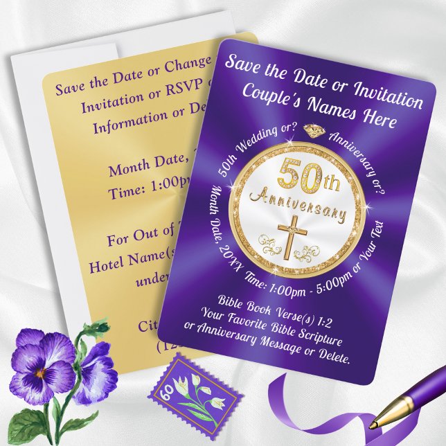CHRISTIAN, 50th Anniversary Save the Date Cards (Gorgeous Purple and Gold CHRISTIAN, 50th Save the Date Cards. 50th Anniversary Save the Date Cards.)