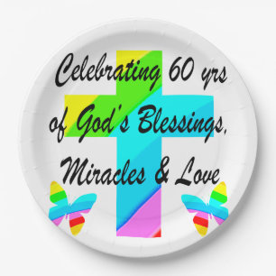 CHRISTIAN 60TH BIRTHDAY CROSS AND BUTTERFLY DESIGN PAPER PLATE