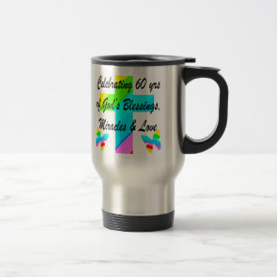 CHRISTIAN 60TH BIRTHDAY CROSS AND BUTTERFLY DESIGN TRAVEL MUG