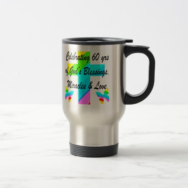 CHRISTIAN 60TH BIRTHDAY CROSS AND BUTTERFLY DESIGN TRAVEL MUG (Right)