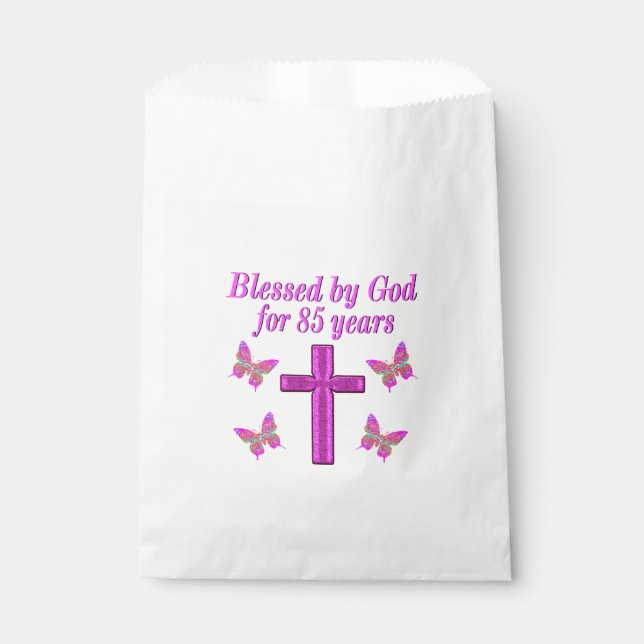 CHRISTIAN 85TH BIRTHDAY PINK CROSS DESIGN FAVOUR BAGS (Front)