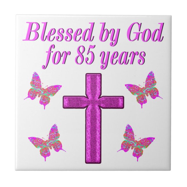 CHRISTIAN 85TH BIRTHDAY PINK CROSS DESIGN TILE (Front)