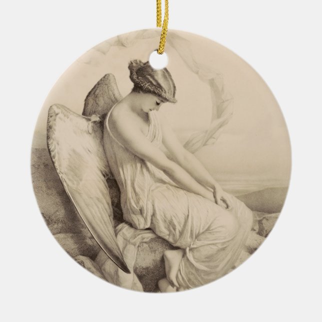Christian angel sitting on a stone ceramic tree decoration (Front)