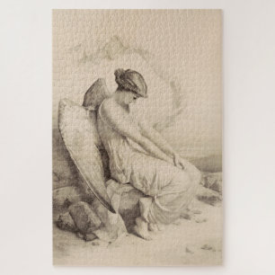 Christian angel sitting on a stone jigsaw puzzle