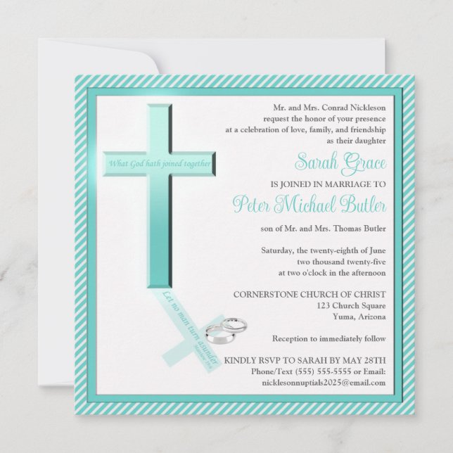 Christian Aqua Stripe Square Wedding Invitation (Front)