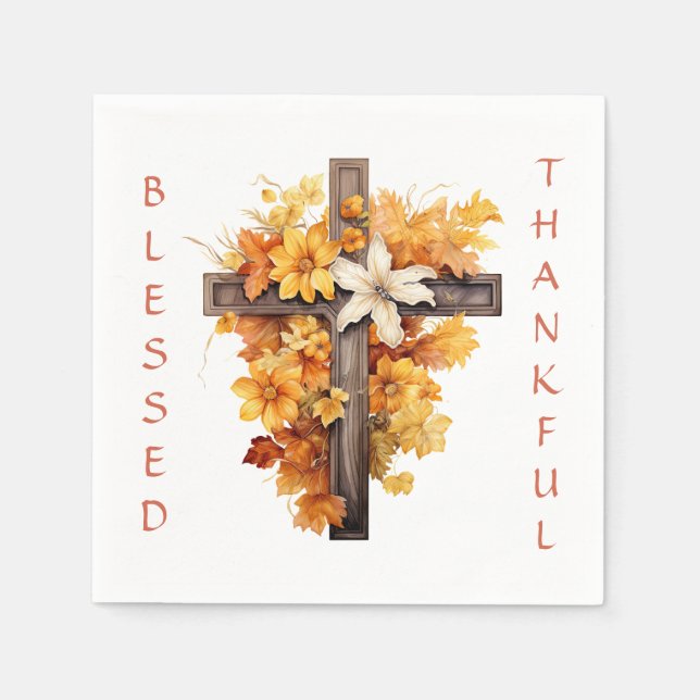 Christian Autumn Floral Cross Thanksgiving Napkin (Front)