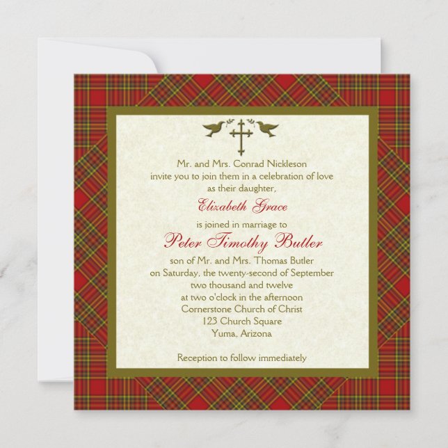 Christian Autumn Plaid Square Wedding Invitation (Front)