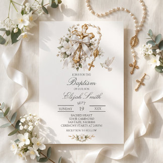 Christian baptism baby boy/girl gold cross rosary  invitation