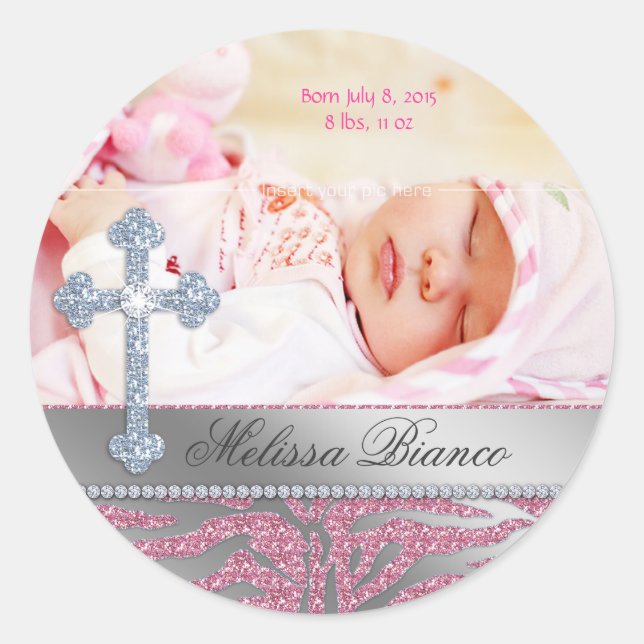 Christian Baptism Cross Baby Girl Zebra Classic Round Sticker (Front)