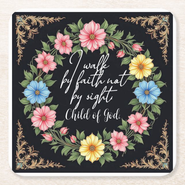 Christian Bible-Inspired Floral Square Paper Coaster (Front)