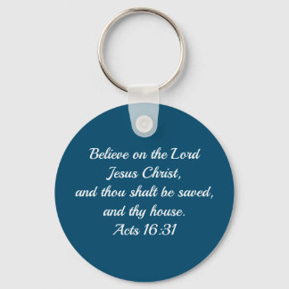 Christian Bible Verse Acts 16:31 Blue Key Ring