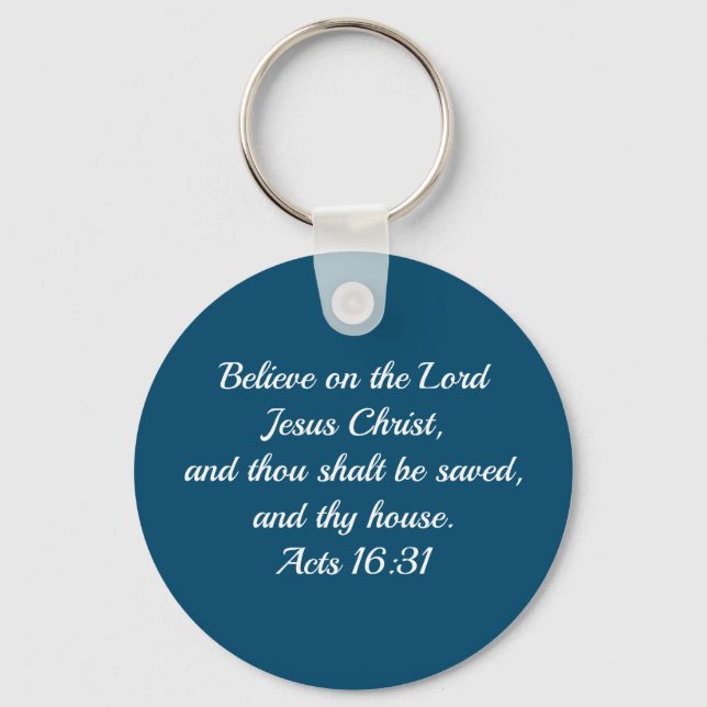 Christian Bible Verse Acts 16:31 Blue Key Ring (Front)