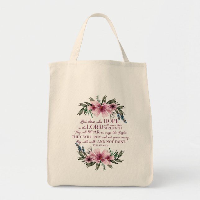 Christian Bible Verse Blush Pink Floral Tote Bag (Front)