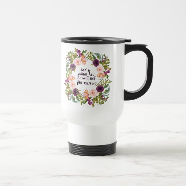 Christian Bible Verse Burgundy Pink Floral Travel Mug (Right)