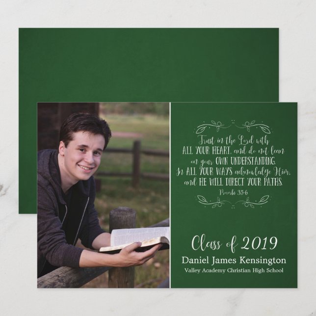 Christian Bible Verse Green Graduation Photo Invitation (Front/Back)