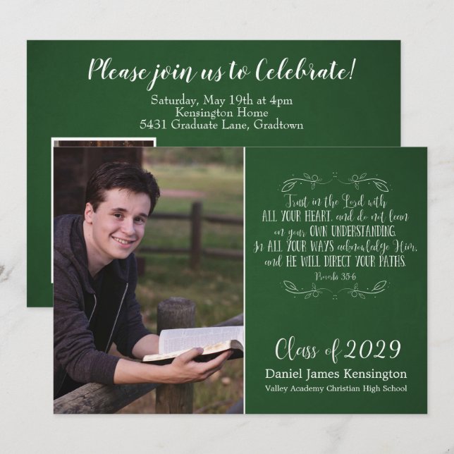 Christian Bible Verse Green Graduation Photo Invitation (Front/Back)