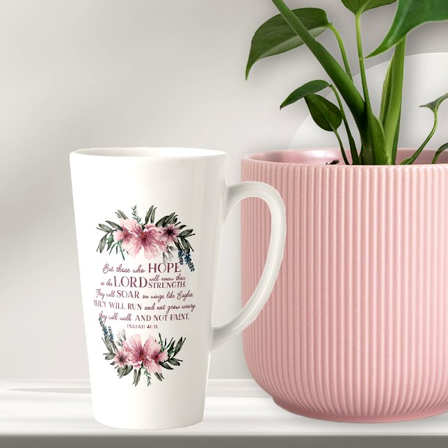 Christian Bible Verse Isaiah 40 Pink Floral Latte Mug (Creator Uploaded)
