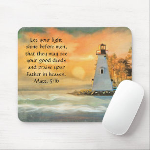 Christian Bible Verse Lighthouse Sunset Painting Mouse Mat