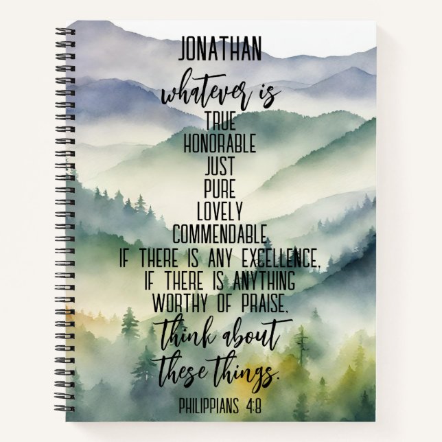 Christian Bible Verse Philippians 4 8 Mountains Notebook (Front)