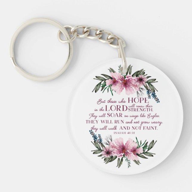 Christian Bible Verse Pink Floral Personal Message Key Ring (Front)