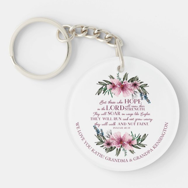 Christian Bible Verse Pink Floral Photo Message Key Ring (Front)