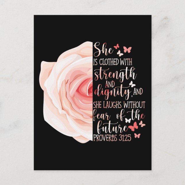 Christian Bible Verse Proverbs 31:25 Rose Flower Holiday Postcard (Front)
