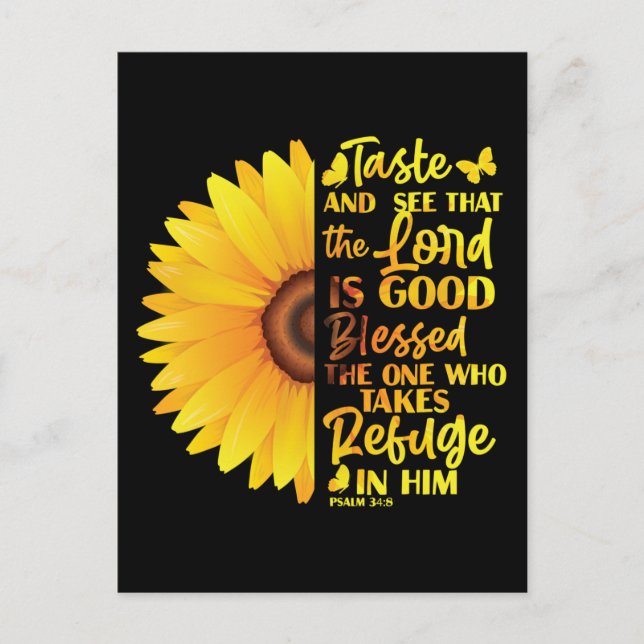 Christian Bible Verse Psalm 34:8 Sunflower Flower Holiday Postcard (Front)