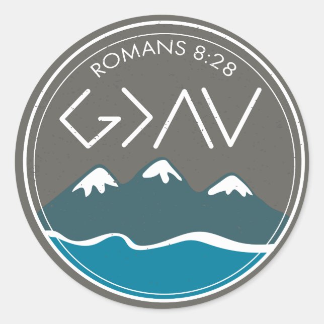 Christian Bible Verse Romans 8:28 God Is Greater Classic Round Sticker (Front)