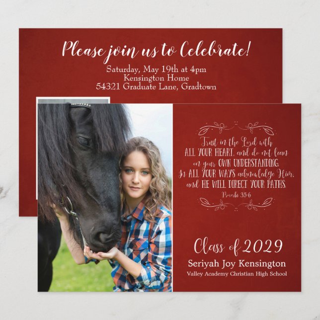 Christian Bible Verse Rustic Red Graduation Photo Invitation (Front/Back)