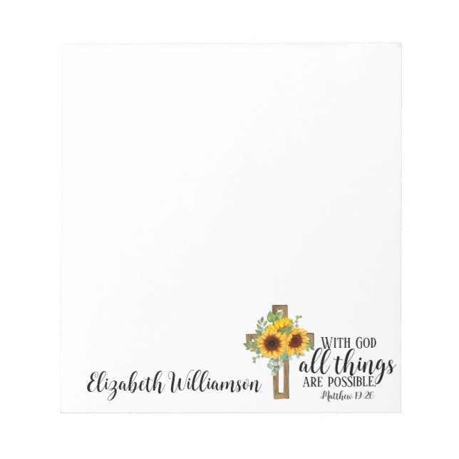 Christian Bible Verse Sunflowers Cross Name Notepad (Front)