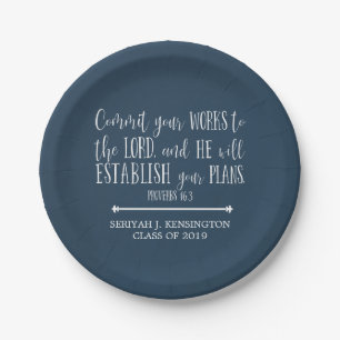 Christian Bible Verse Typography Blue Graduation Paper Plate