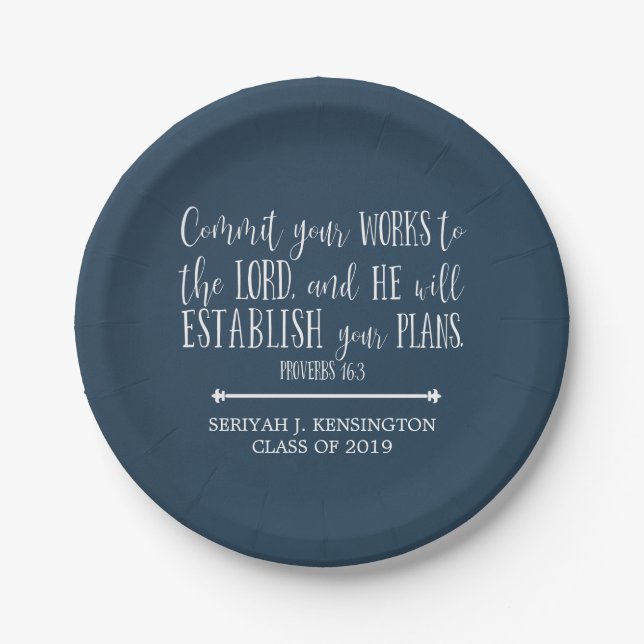 Christian Bible Verse Typography Blue Graduation Paper Plate (Front)