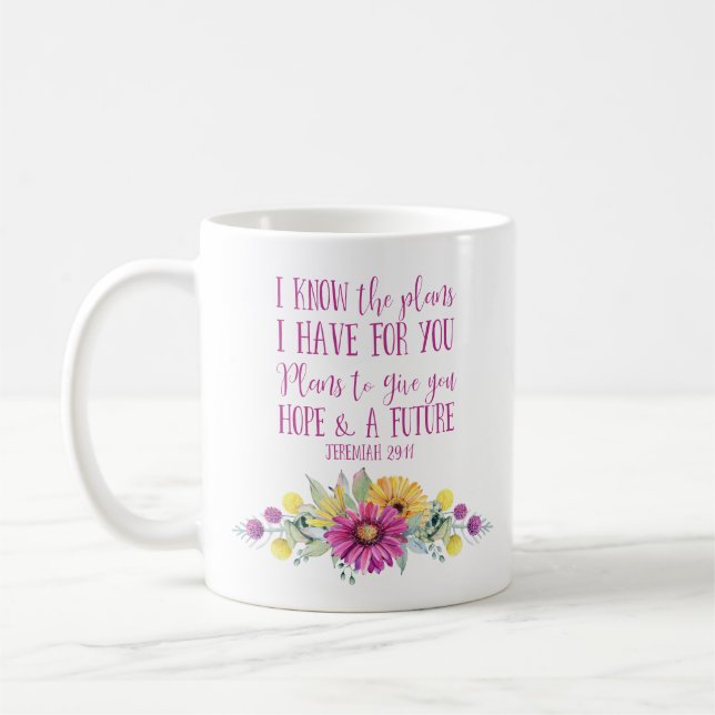 Christian Bible Verse Typography Floral Coffee Mug (Left)