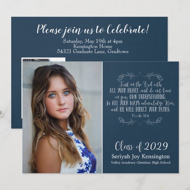 Christian Bible Verse Typography Graduation Photo Invitation (Front/Back)