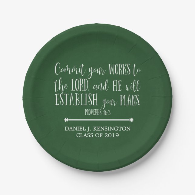 Christian Bible Verse Typography Green Graduation Paper Plate (Front)