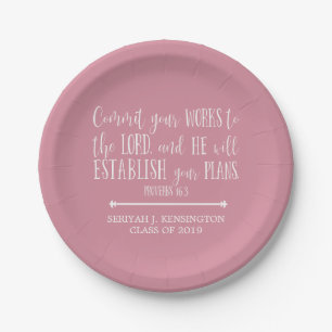 Christian Bible Verse Typography Pink Graduation Paper Plate