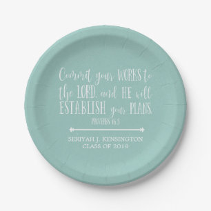 Christian Bible Verse Typography Teal Graduation Paper Plate