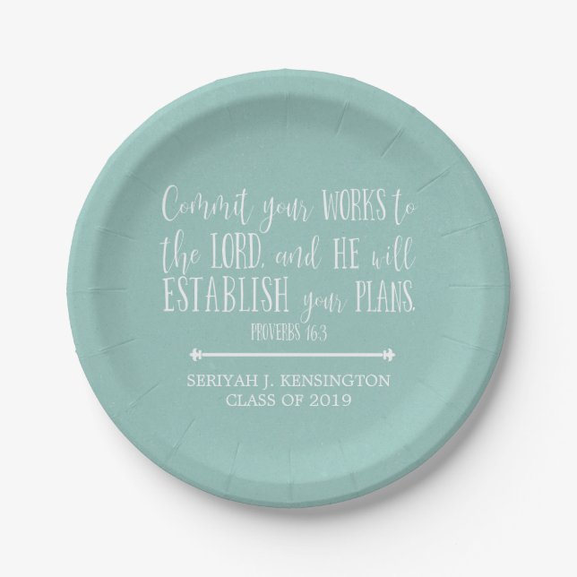Christian Bible Verse Typography Teal Graduation Paper Plate (Front)