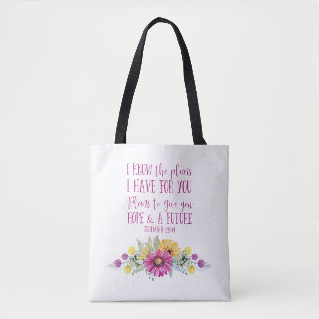 Christian Bible Verse Watercolor Floral Tote Bag (Front)