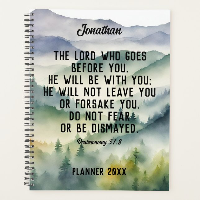 Christian Bible Verse Watercolor Mountains Name Planner (Front)